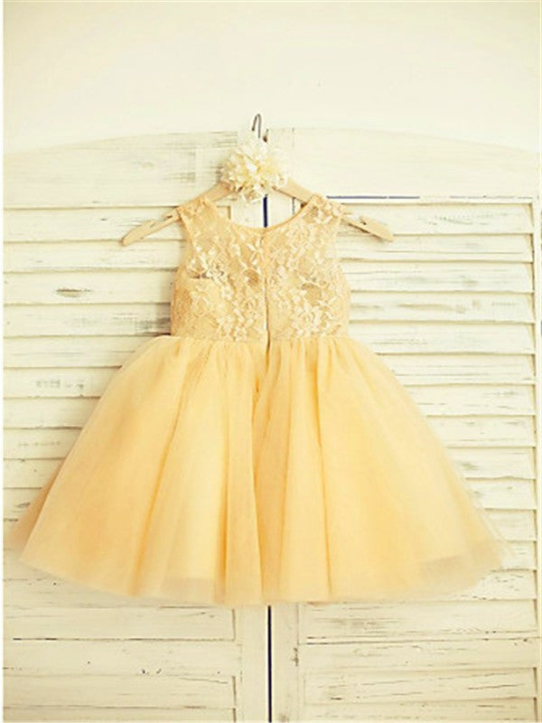 Tulle A-line/Princess Tea-Length Sleeveless Lace Scoop Flower Girl Dresses