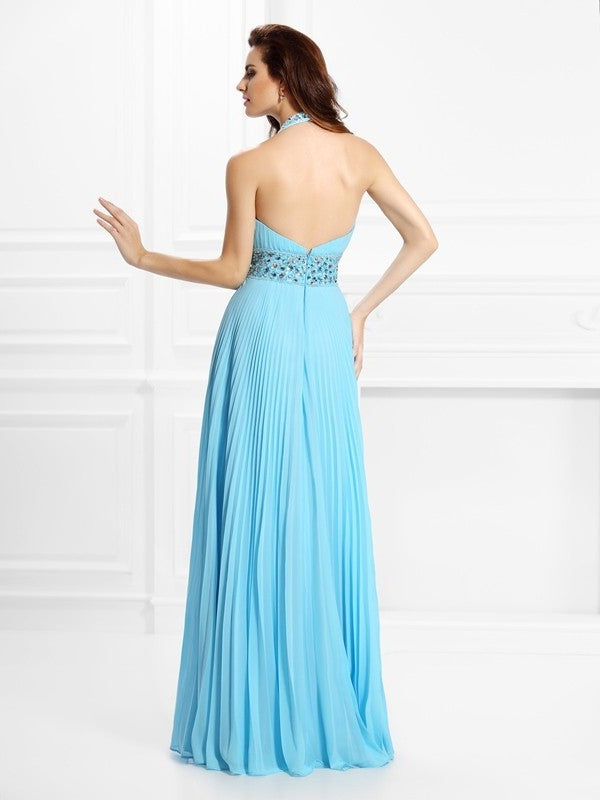 Sleeveless A-Line/Princess Halter Rhinestone Long Chiffon Dresses