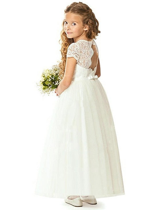 Ankle-Length Sleeves Lace Scoop Short Tulle A-Line/Princess Flower Girl Dresses