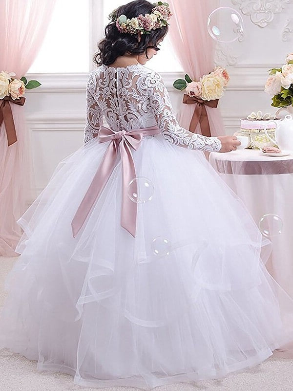 Ball Tulle Sleeves Floor-Length Gown Lace Jewel Long Flower Girl Dresses