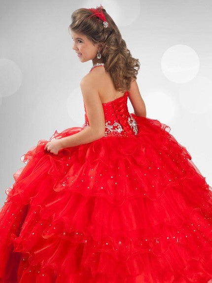 Long Gown Rhinestone Sequin Halter Sleeveless Ball Organza Flower Girl Dresses