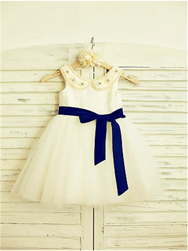 Scoop Tea-Length Bowknot A-line/Princess Sleeveless Tulle Flower Girl Dresses