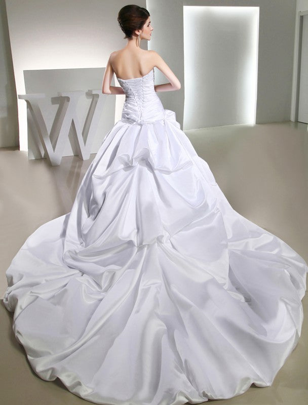 Strapless Gown Beading Satin Long Ball Sleeveless Wedding Dresses