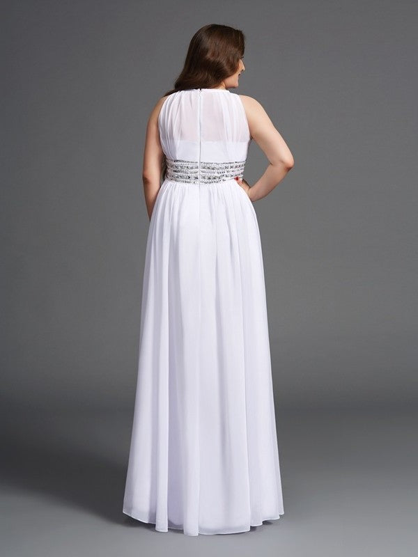 Long Chiffon Sleeveless A-Line/Princess Jewel Beading Plus Size Dresses