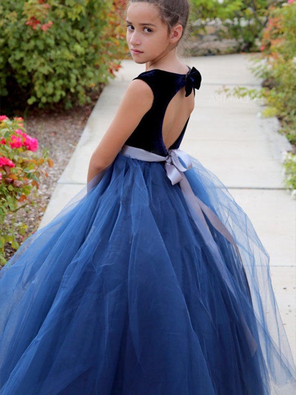 A-Line/Princess Sash/Ribbon/Belt Ankle-Length Scoop Sleeveless Tulle Flower Girl Dresses