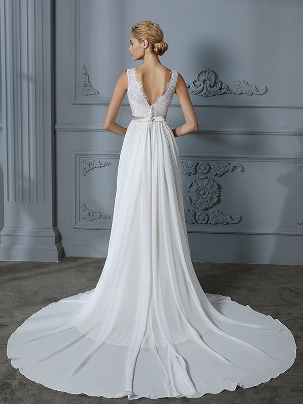 V-neck A-Line/Princess Chiffon Court Sleeveless Train Wedding Dresses