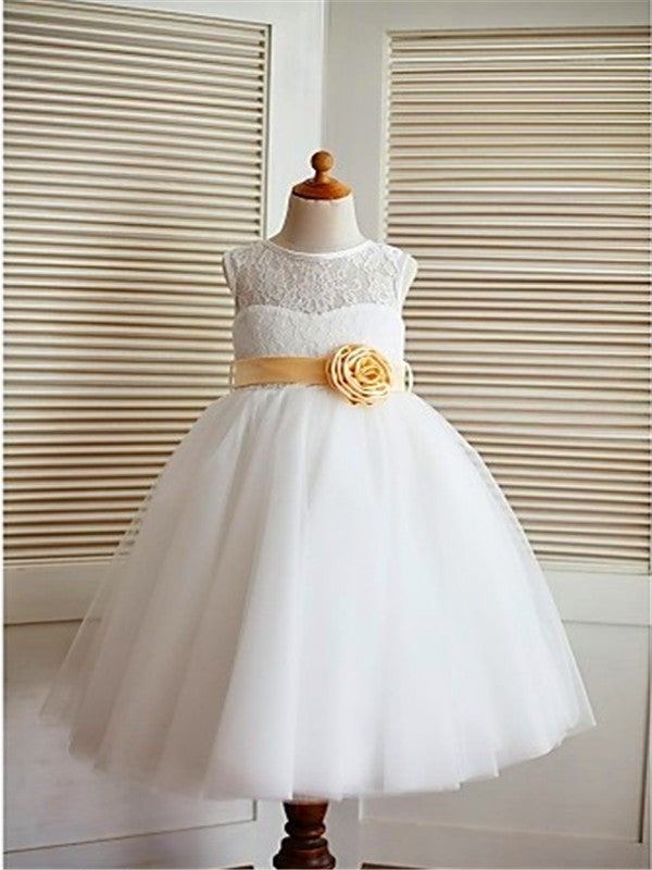 Sleeveless Tea-Length A-line/Princess Lace Scoop Tulle Flower Girl Dresses