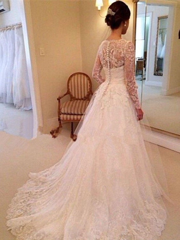 V-neck Ball Sleeves Train Gown Long Court Lace Tulle Wedding Dresses