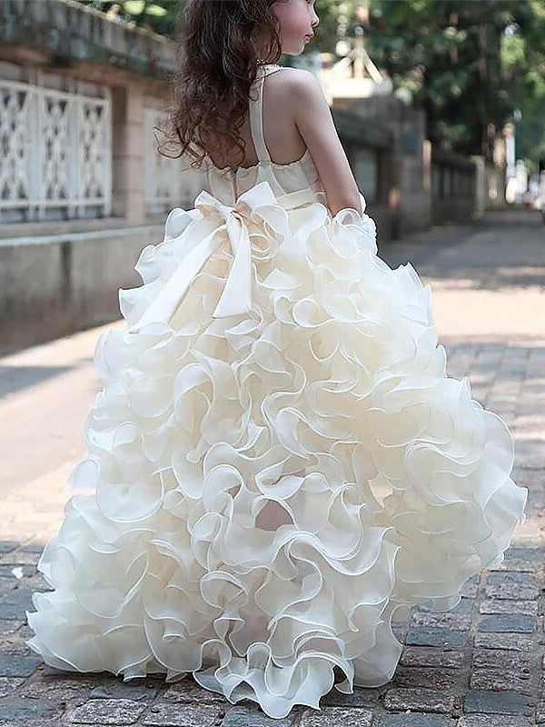 Sleeveless A-line/Princess Ruffles Asymmetrical Organza V-neck Flower Girl Dresses