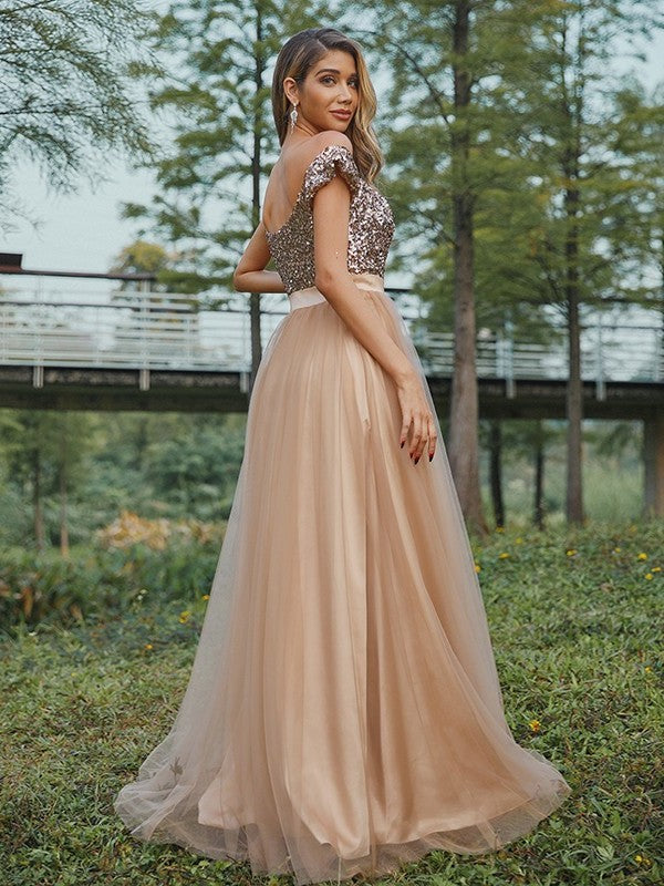 A-Line/Princess Off-the-Shoulder Tulle Sequin Sleeveless Floor-Length Bridesmaid Dresses