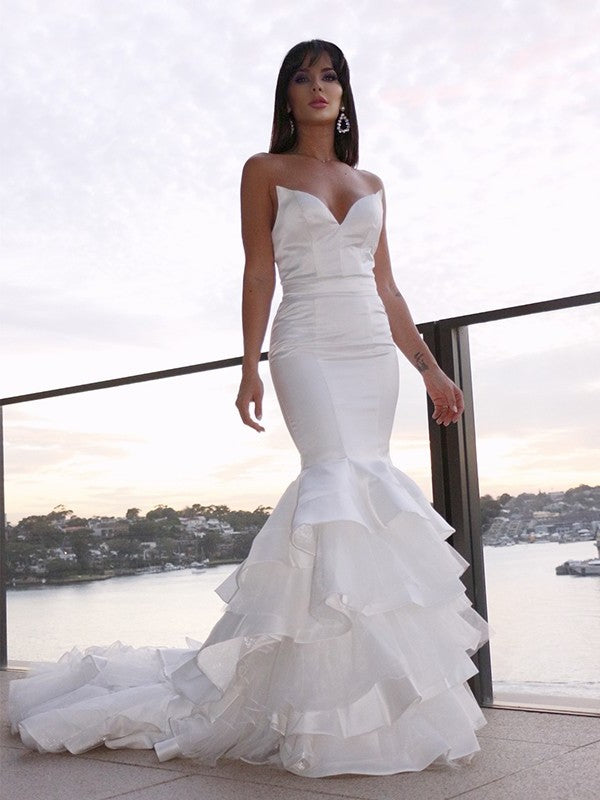 Trumpet/Mermaid Sweetheart Satin Sleeveless Sweep/Brush Layers Train Wedding Dresses