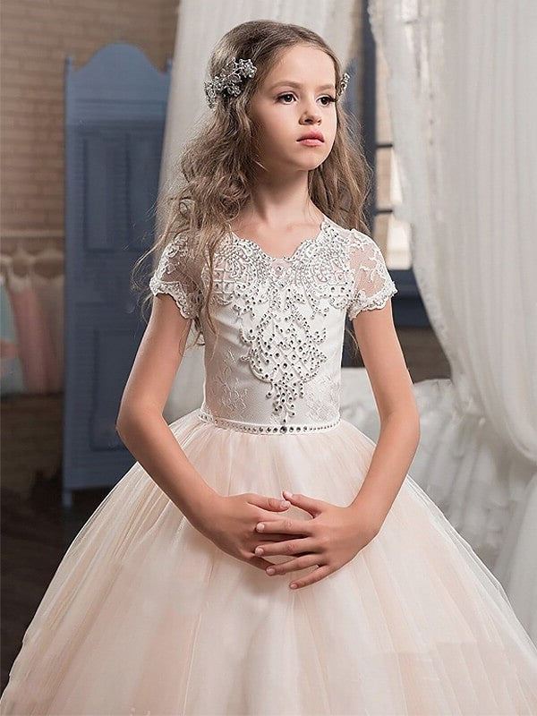 Gown V-neck Sleeves Tulle Short Floor-Length Lace Ball Flower Girl Dresses