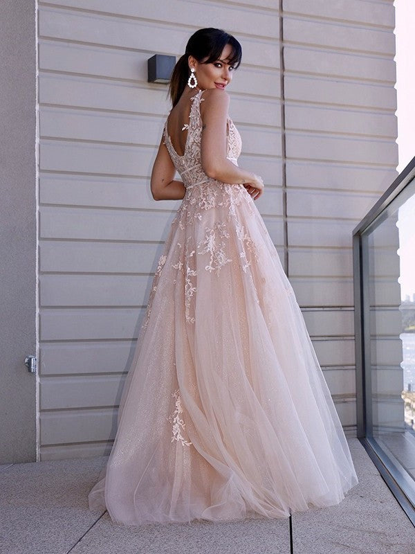 Sleeveless Applique Tulle A-Line/Princess Scoop Sweep/Brush Train Dresses