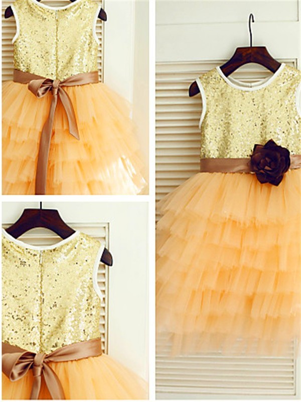 Scoop A-line/Princess Tea-Length Sequin Tulle Sleeveless Flower Girl Dresses