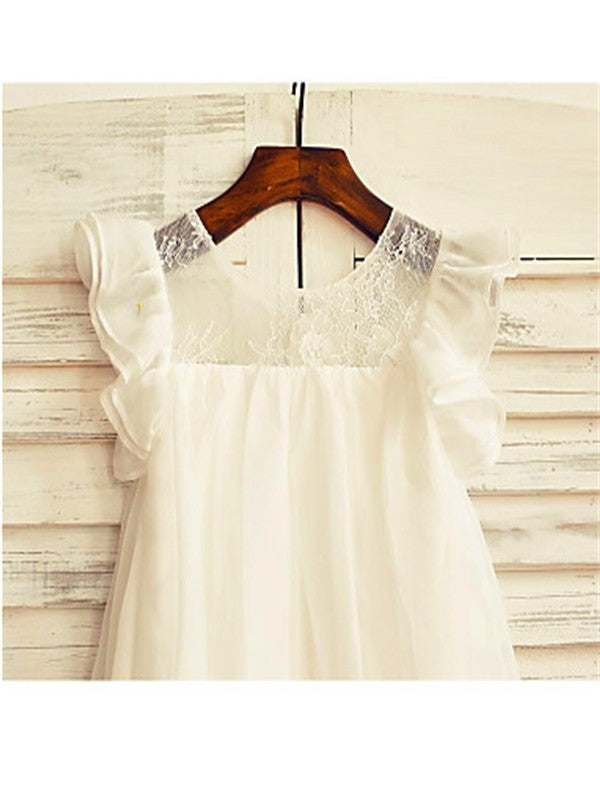 A-line/Princess Chiffon Scoop Tea-Length Sleeves Lace Short Flower Girl Dresses