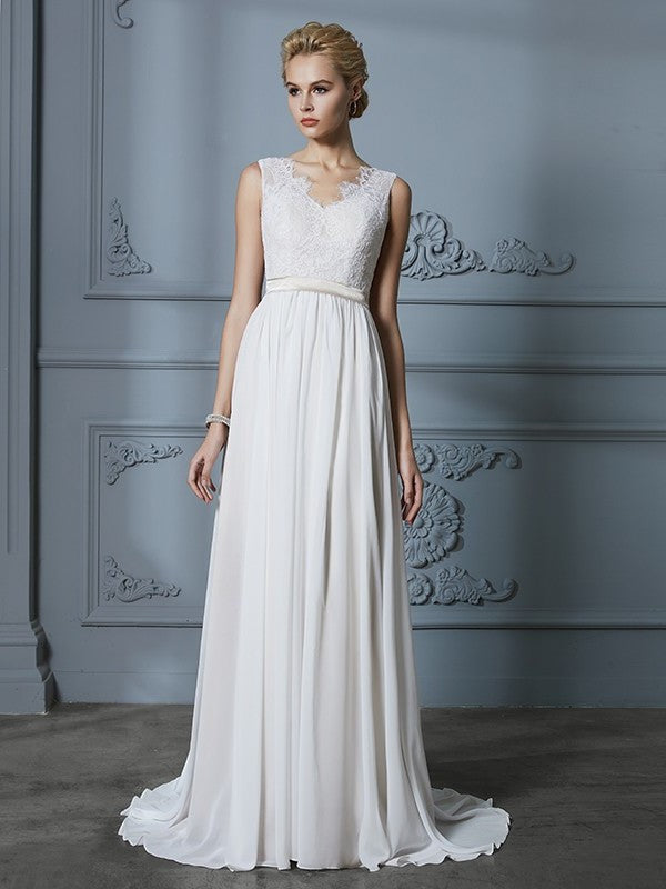 V-neck A-Line/Princess Chiffon Court Sleeveless Train Wedding Dresses