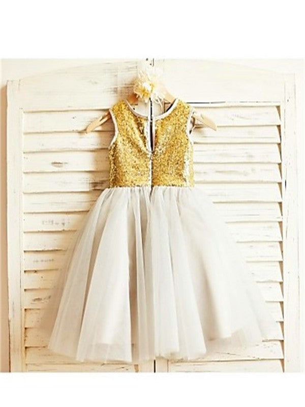 Sleeveless Sequin Scoop Tulle Tea-Length A-line/Princess Flower Girl Dresses