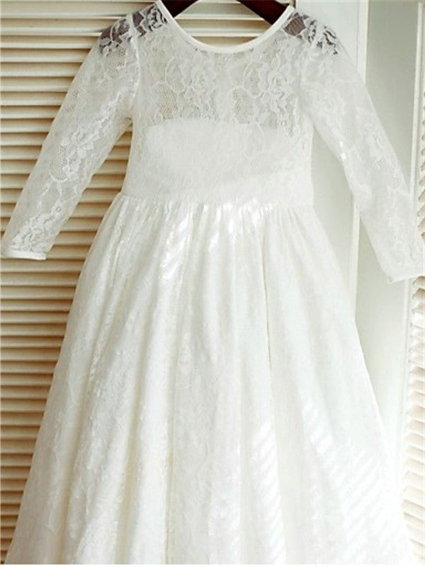 Lace Ankle-Length A-line/Princess Sleeves Long Bowknot Scoop Flower Girl Dresses