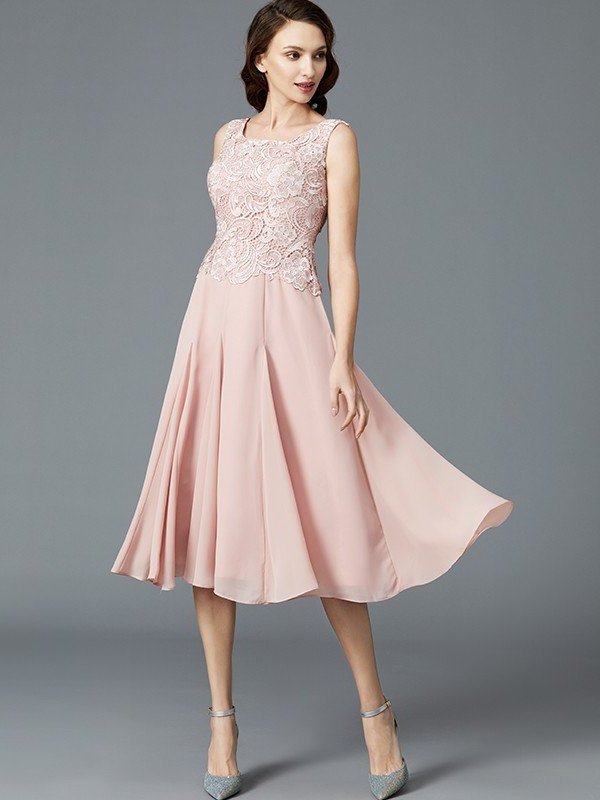 Sleeveless A-Line/Princess Mother Tea-Length Chiffon Scoop of the Bride Dresses