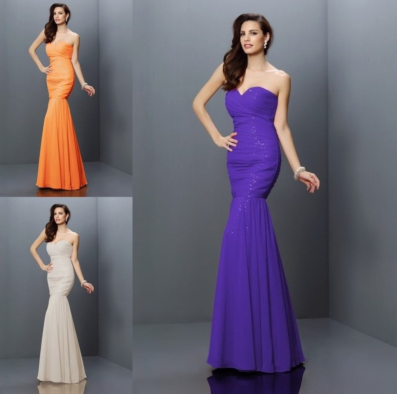 Trumpet/Mermaid Pleats Long Sleeveless Sweetheart Chiffon Bridesmaid Dresses