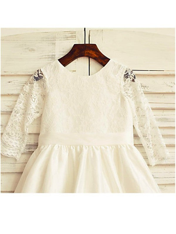 Lace Jewel Long Sleeves Tea-Length Satin A-line/Princess Flower Girl Dresses