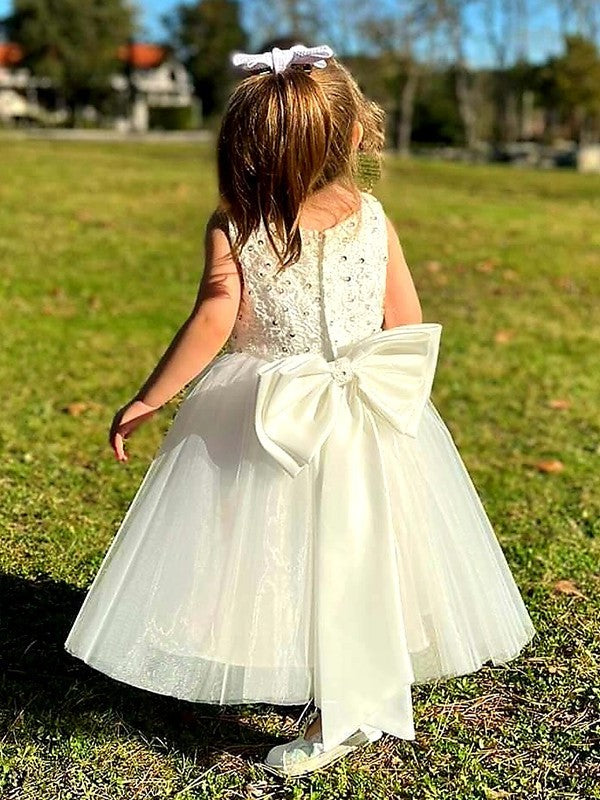 Sleeveless Scoop Bowknot Tulle Ankle-Length A-Line/Princess Flower Girl Dresses