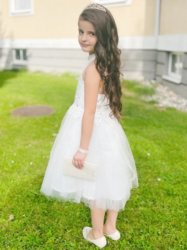 Sleeveless A-Line/Princess Halter Knee-Length Tulle Lace Flower Girl Dresses