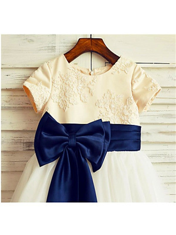 Short Tea-Length Tulle Sleeves Bowknot A-line/Princess Scoop Flower Girl Dresses