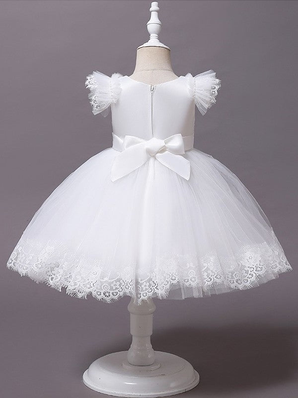 Sleeves Tea-Length Scoop Gown Ball Applique Tulle Short Flower Girl Dresses