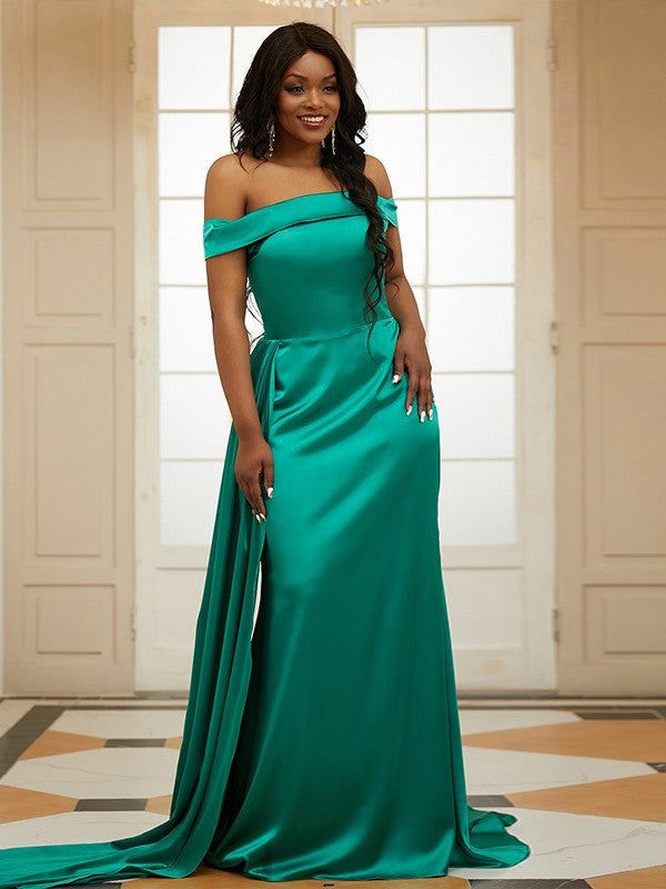 like Silk Sleeveless Satin Off-the-Shoulder Ruffles Sheath/Column Sweep/Brush Train Dresses