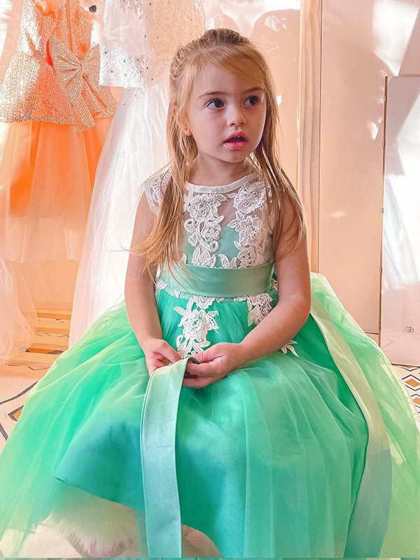 Sleeveless Tulle Knee-Length Scoop Applique A-Line/Princess Flower Girl Dresses