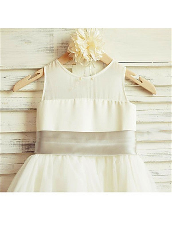 A-line/Princess Tulle Tea-Length Scoop Bowknot Sleeveless Flower Girl Dresses