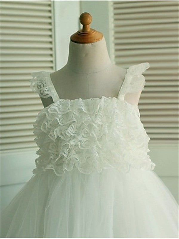 A-line/Princess Sleeveless Tea-Length Ruffles Organza Straps Flower Girl Dresses