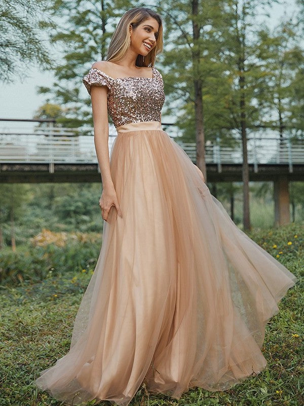 A-Line/Princess Off-the-Shoulder Tulle Sequin Sleeveless Floor-Length Bridesmaid Dresses