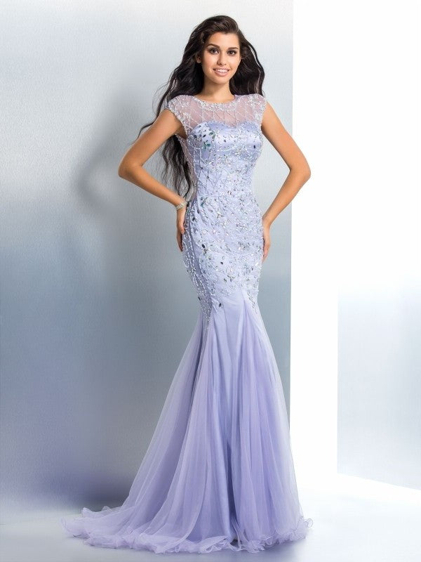 Beading Sleeveless Sheer Trumpet/Mermaid Neck Long Satin Dresses