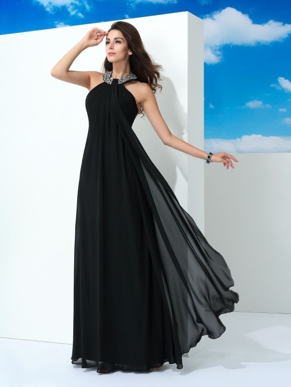 Sleeveless Beading A-Line/Princess Halter Long Chiffon Dresses