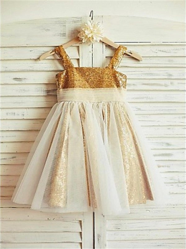 Sleeveless Straps Tea-Length A-line/Princess Spaghetti Ruffles Sequins Flower Girl Dresses