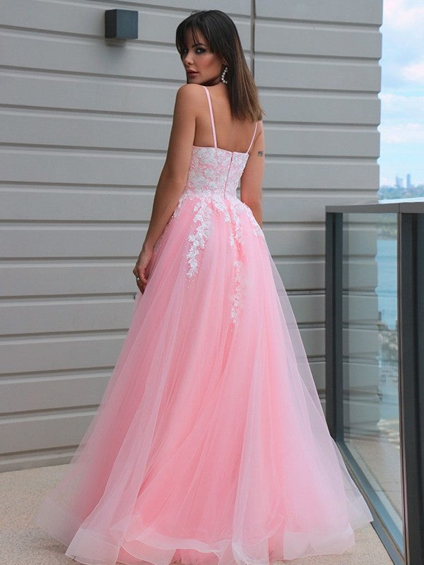 A-Line/Princess Tulle Applique V-neck Sleeveless Floor-Length Dresses