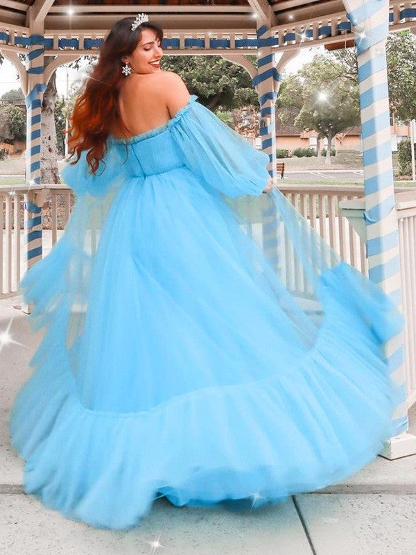 A-Line/Princess Long Off-the-Shoulder Tulle Applique Sleeves Floor-Length Dresses