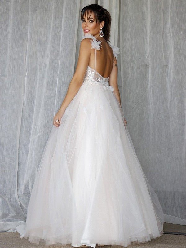 V-neck Sleeveless Tulle Beading A-Line/Princess Floor-Length Wedding Dresses