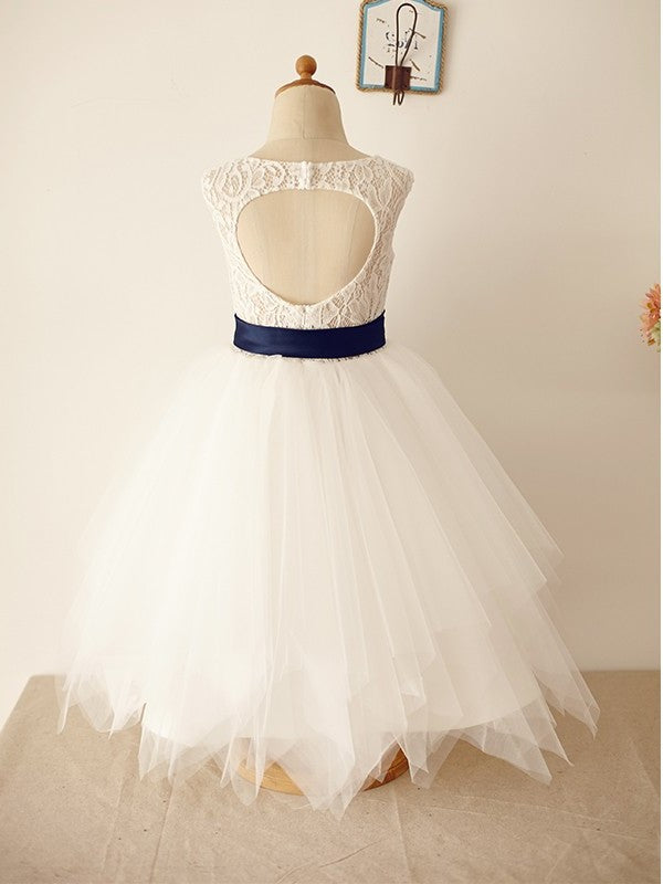 Tea-Length Sleeveless Tulle Sash/Ribbon/Belt A-Line/Princess Scoop Flower Girl Dresses