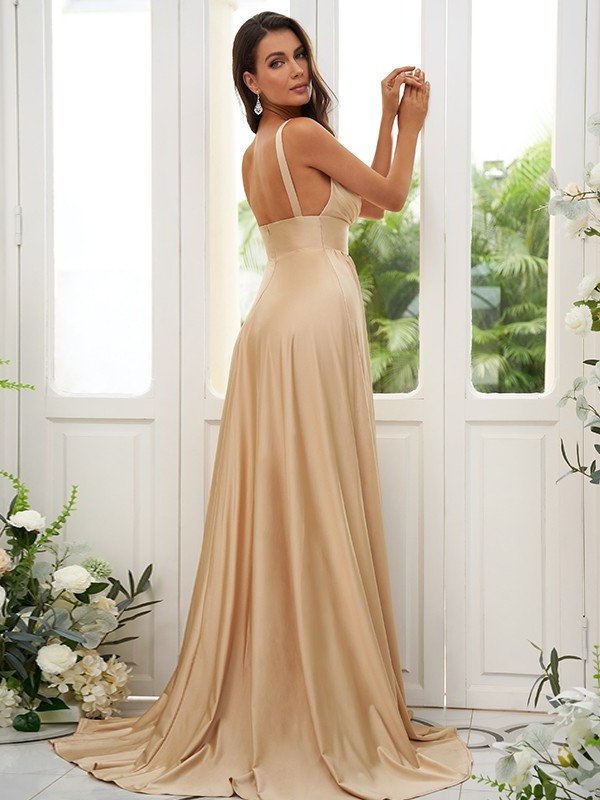 Sweep/Brush Ruffles Jersey A-Line/Princess Sleeveless V-neck Train Bridesmaid Dresses