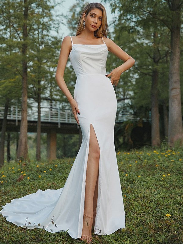 Charmeuse Spaghetti Sweep/Brush Straps Sheath/Column Ruched Sleeveless Train Wedding Dresses