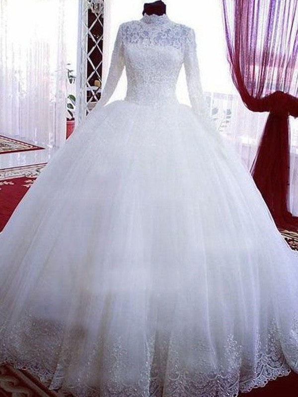 Lace Neck Sleeves High Tulle Ball Long Chapel Gown Train Wedding Dresses