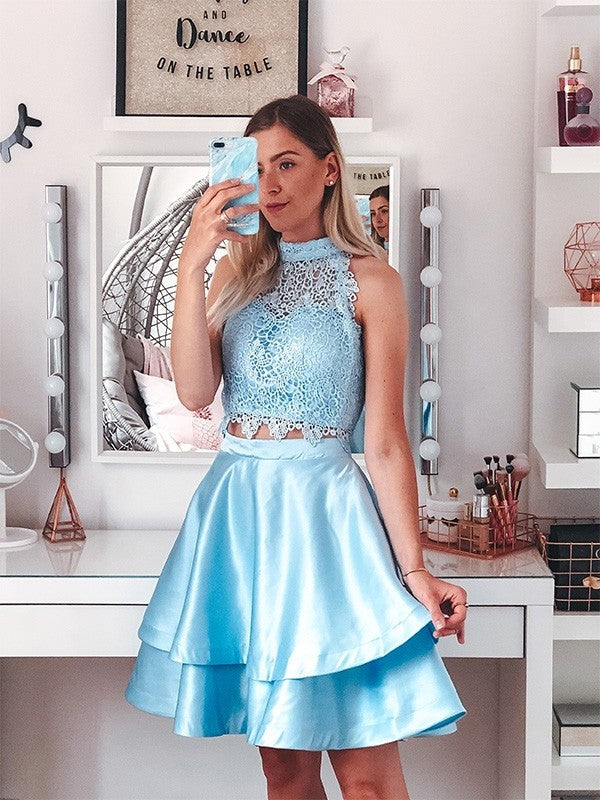 A-Line/Princess Two Sleeveless Lace Halter Satin Short/Mini Piece Homecoming Dresses