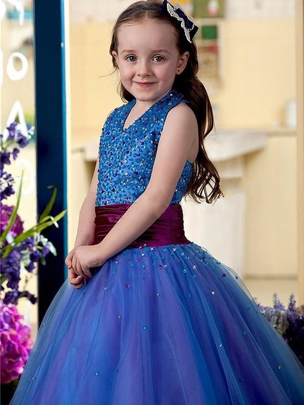 Ball Gown Halter Sequins Floor-Length Tulle Sleeveless Flower Girl Dresses