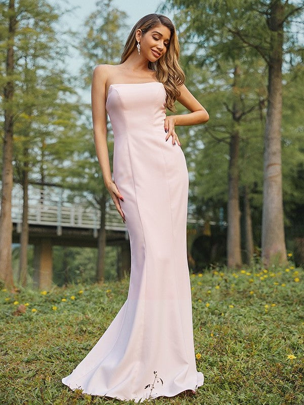 Stretch Strapless Sleeveless Sheath/Column Crepe Sweep/Brush Ruched Train Bridesmaid Dresses