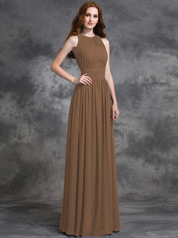 Sleeveless Long A-line/Princess Ruched Jewel Chiffon Bridesmaid Dresses