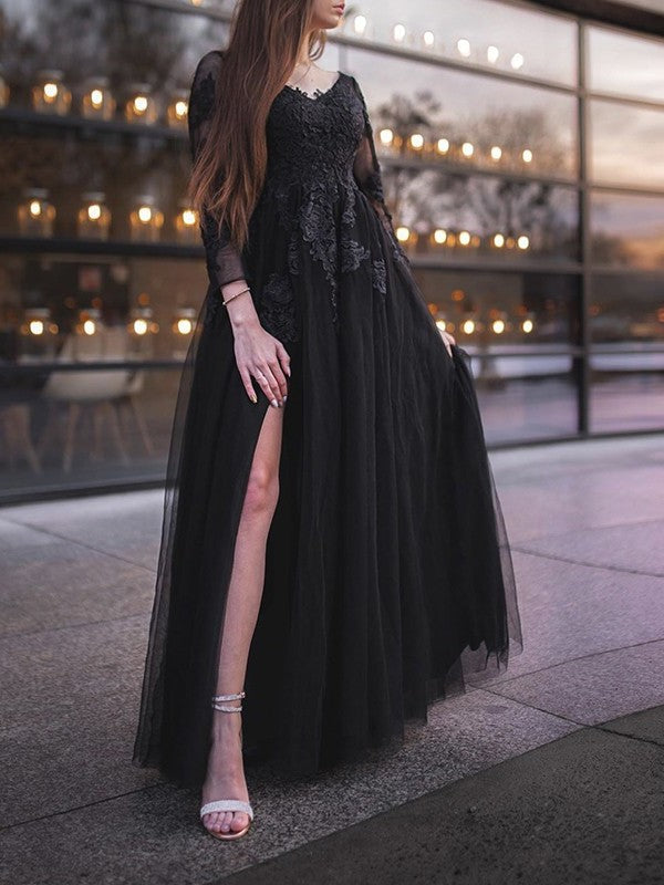 Applique Ball Sleeves Tulle Gown Long Off-the-Shoulder Floor-Length Dresses