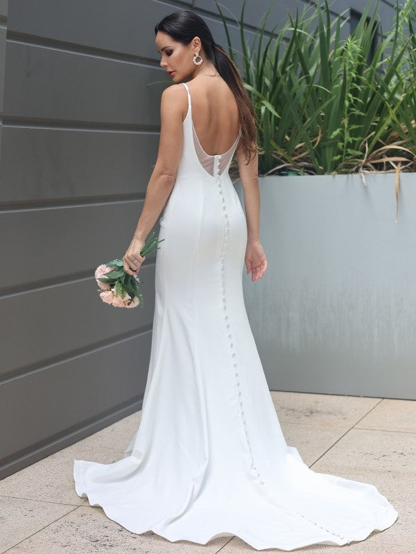 Straps Ruffles Stretch Sleeveless Sweep/Brush Sheath/Column Crepe Train Wedding Dresses